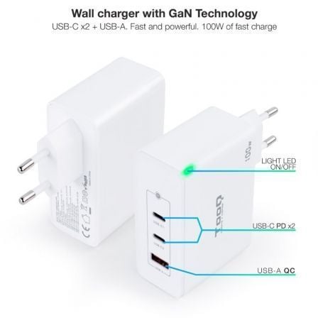 Cargador de Pared GaN TooQ TQWC-GANQC2PD100W/ 2xUSB Tipo-C/ 1xUSB/ 100W