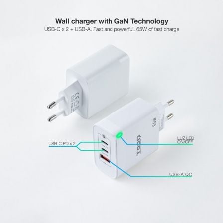 Cargador de Pared GaN TooQ TQWC-GANQC2PD65WT/ 2xUSB Tipo-C/ 1xUSB/ 65W