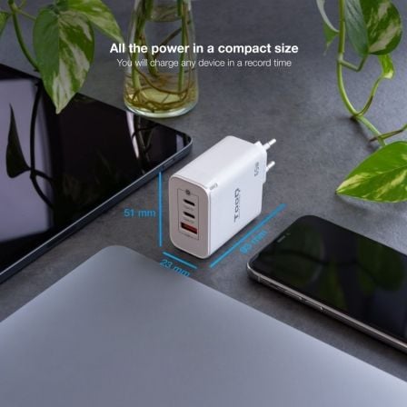 Cargador de Pared GaN TooQ TQWC-GANQC2PD65WT/ 2xUSB Tipo-C/ 1xUSB/ 65W