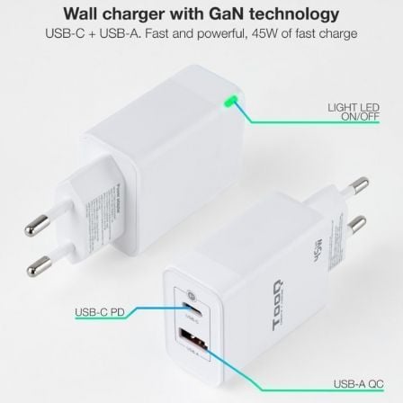 Cargador de Pared GaN TooQ TQWC-GANQCPD45WT/ 1xUSB Tipo-C/ 1xUSB/ 45W