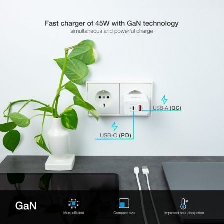 Cargador de Pared GaN TooQ TQWC-GANQCPD45WT/ 1xUSB Tipo-C/ 1xUSB/ 45W