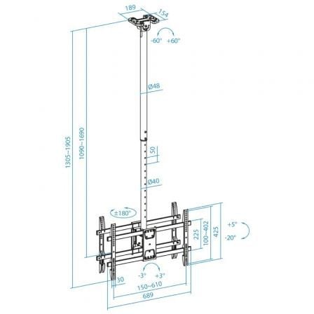 Soporte de Techo Giratorio/ Inclinable/ Nivelable TooQ LPCE2286TSLI-XL-B para 2 TV de 43-86"/ hasta 100kg