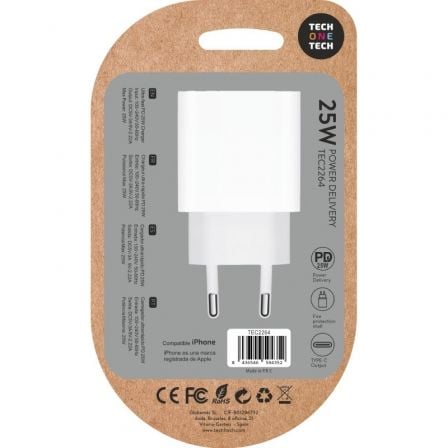 Cargador de Pared Tech One Tech TEC2264/ 1xUSB Tipo-C/ 25W/ Blanco