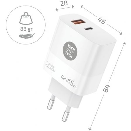 Cargador de Pared GaN Tech One Tech GaN TEC2270/ 1xUSB Tipo-C/ 1xUSB/ 65W/ Blanco