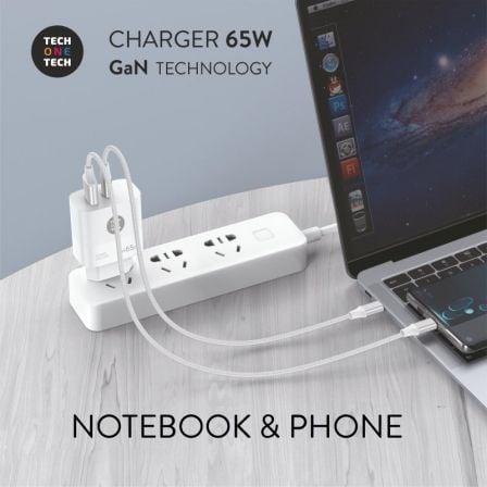 Cargador de Pared GaN Tech One Tech GaN TEC2270/ 1xUSB Tipo-C/ 1xUSB/ 65W/ Blanco