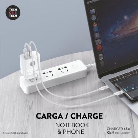 Cargador de Pared GaN Tech One Tech PD TEC2273 / 1xUSB Tipo-C/ 1xUSB/ 65W