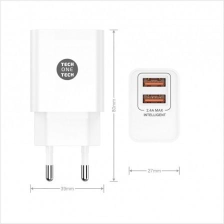 Cargador de Pared Tech One Tech TEC2403/ 2xUSB + Cable USB Tipo-C/ 12W/ Blanco