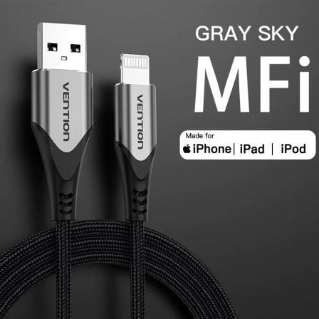 Cable USB 2.0 Lightning Vention LABHH/ USB Macho - Lightning Macho/ Hasta 12W/ 480Mbps/ 2m/ Gris