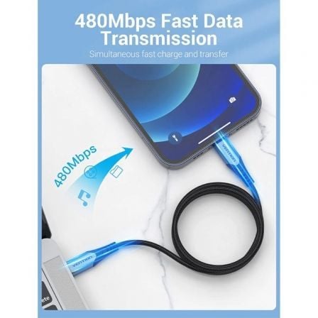 Cable USB 2.0 Tipo-C Lightning Vention TACHH/ USB Tipo-C Macho - Lightning Macho/ Hasta 27W/ 480Mbps/ 2m/ Gris y Negro