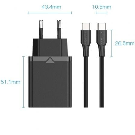 Cargador de Pared Vention FAHWF-EU/ 1xUSB Tipo-C + 2x Cable USB Tipo-C/ 25W