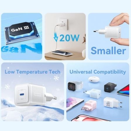 Cargador de Pared GaN Vention FEPB0-EU/ 1xUSB Tipo-C/ 20W