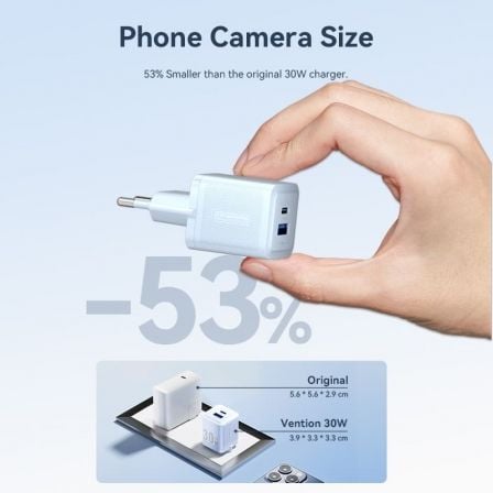 Cargador de Pared GaN Vention FEQW0-EU/ 1xUSB Tipo-C/ 1xUSB/ 30W