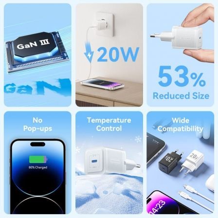 Cargador de Pared GaN Vention TZ-FEPW0-EU-02/ 1xUSB Tipo-C + Cable Lightning/ 20W