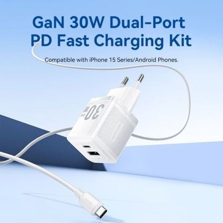 Cargador de Pared GaN Vention TZ-FEQW0-EU-01/ 1xUSB Tipo-C/ 1xUSB + Cable USB Tipo-C/ 30W