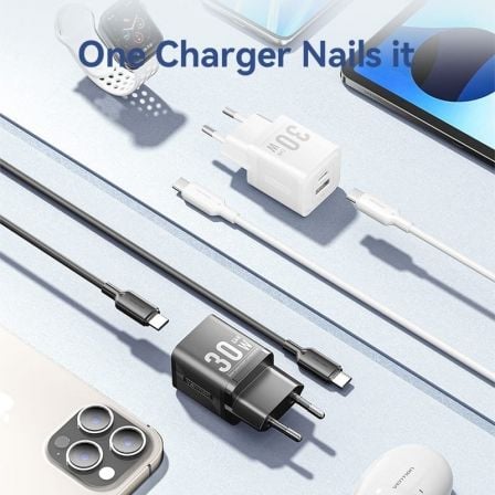 Cargador de Pared GaN Vention TZ-FEQW0-EU-01/ 1xUSB Tipo-C/ 1xUSB + Cable USB Tipo-C/ 30W