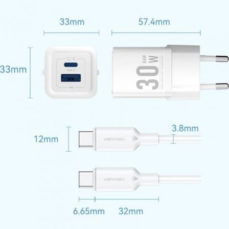 Cargador de Pared GaN Vention TZ-FEQW0-EU-01/ 1xUSB Tipo-C/ 1xUSB + Cable USB Tipo-C/ 30W