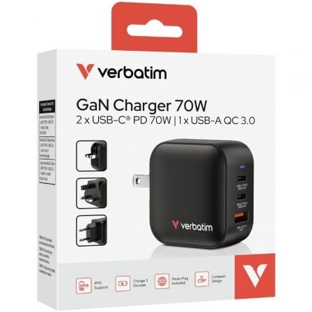 Cargador de Pared Universal GaN para Viaje Verbatim Mini GaN Wall Charger/ 2xUSB Tipo-C/ 1xUSB/ 70W