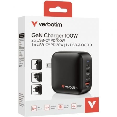 Cargador de Pared Universal GaN para Viaje Verbatim Mini GaN Wall Charger/ 3xUSB Tipo-C/ 1xUSB/ 100W