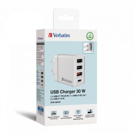 Cargador de Pared GaN Verbatim CHR-30EU2/ 1xUSB Tipo-C/ 3xUSB/ 30W