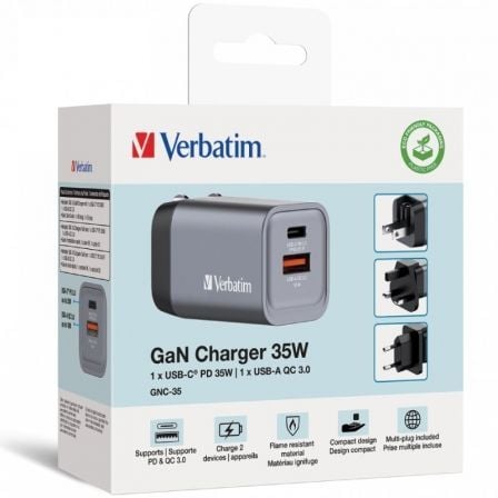 Cargador de Pared Universal GaN para Viaje Verbatim GNC-35/ 1xUSB Tipo-C/ 1xUSB/ 35W