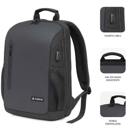 Mochila Subblim Xpand Air Padding Backpack para Portátiles hasta 15.6"/ Puerto USB/ Negro