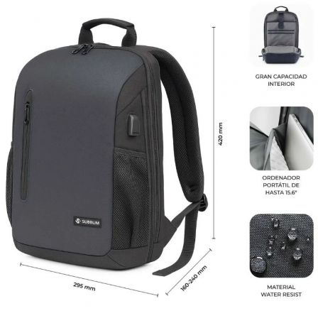 Mochila Subblim Xpand Air Padding Backpack para Portátiles hasta 15.6"/ Puerto USB/ Negro