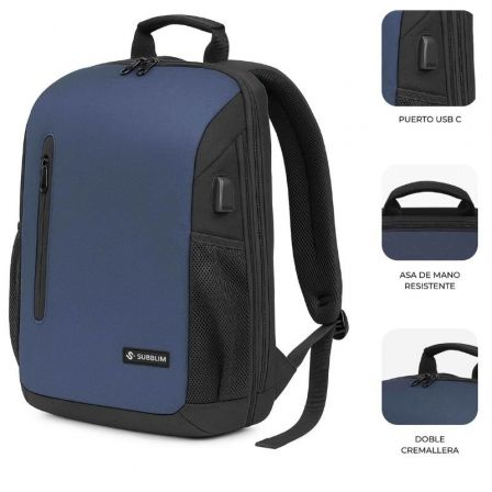 Mochila Subblim Xpand Air Padding Backpack para Portátiles hasta 15.6"/ Puerto USB/ Azul