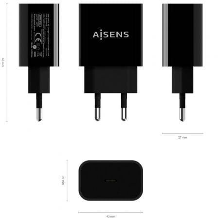 Cargador de pared aisens a110-0538/ 1xusb tipo-c pd3.0/ 20w/ negro
