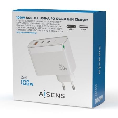 Cargador de pared gan aisens asch-100w3p008-w/ 2xusb tipo-c/ 1x usb/ 100w