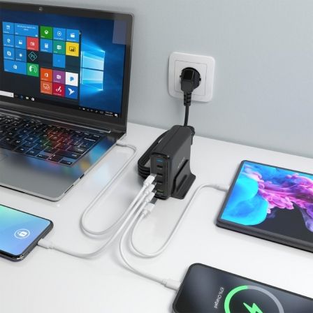 Cargador sobremesa gan aisens asch-140w4p056-bk/ 3xusb tipo-c/ 1xusb/ 140w