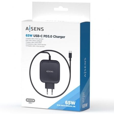 Cargador de pared aisens asch-1pd65wl-bk/ 1xusb tipo-c/ 65w