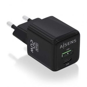 Cargador de pared gan aisens asch-20w2p011-bk/ 1xusb tipo-c/ 1xusb/ 20w