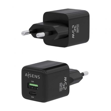 Cargador de pared gan aisens asch-25w2p015-bk/ 1xusb tipo-c/ 1xusb/ 25w