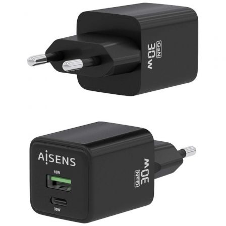 Cargador de pared gan aisens asch-30w2p038-bk/ 1xusb tipo-c/ 1xusb/ 30w