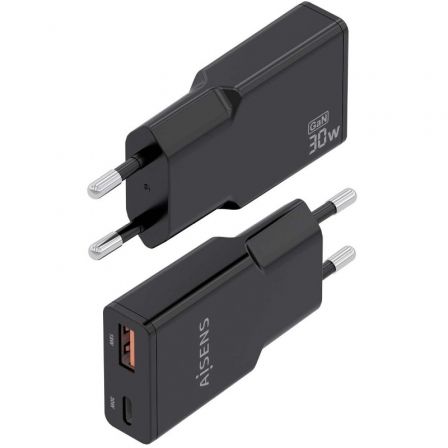 Cargador de pared gan aisens asch-30w2p047-bk/ 1xusb tipo-c/ 1xusb/ 30w/ negro