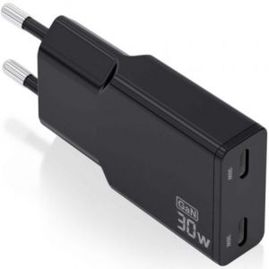 Cargador de pared gan aisens asch-30w2p049-bk/ 2xusb tipo-c/ 30w/ negro