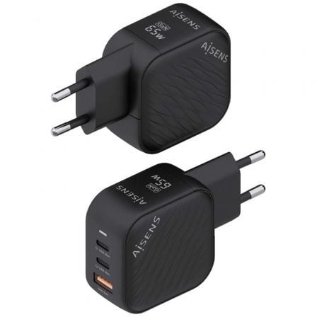 Cargador de pared gan aisens asch-65w3p027-bk/ 2xusb tipo-c/ 1xusb/ 65w