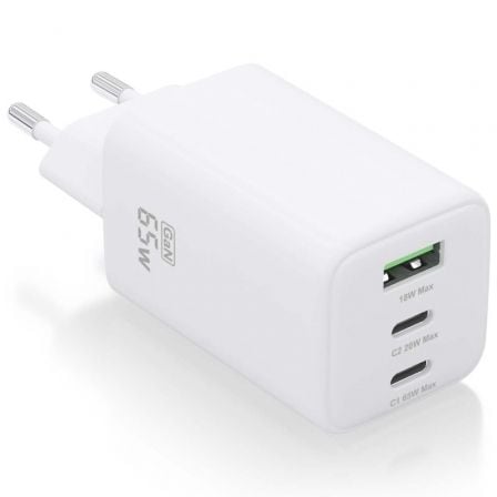 Cargador de pared gan aisens asch-65w3p041-w/ 2xusb tipo-c/ 1xusb/ 65w
