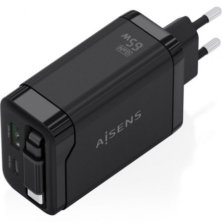 Cargador de pared gan aisens asch-65w3p071-bk/ 1xusb tipo-c/ 1xusb/ 65w/ negro