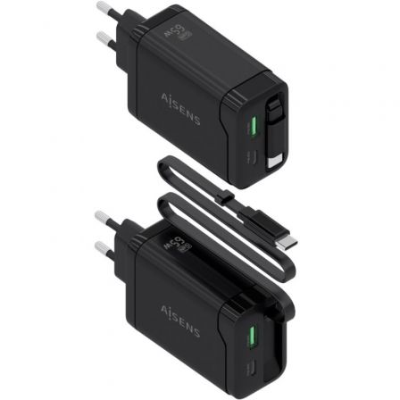 Cargador de pared gan aisens asch-65w3p071-bk/ 1xusb tipo-c/ 1xusb/ 65w/ negro