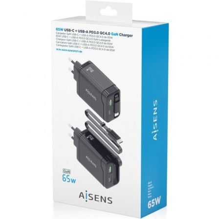 Cargador de pared gan aisens asch-65w3p071-bk/ 1xusb tipo-c/ 1xusb/ 65w/ negro