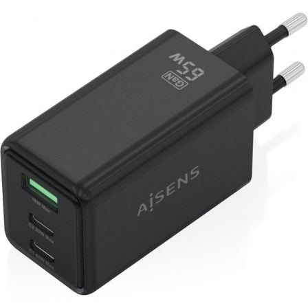 Cargador de pared gan aisens asch-65w3p073-bk/ 2xusb tipo-c/ 1xusb/ 65w/ negro