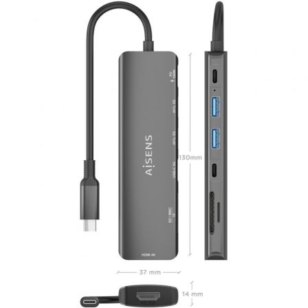 Docking usb tipo-c aisens asuc-7p026-gr/ 1xhdmi 4k/ 2xusb/ 1xusb tipo-c / 1xusb tipo-c pd/ 1xlector tarjetas/ gris