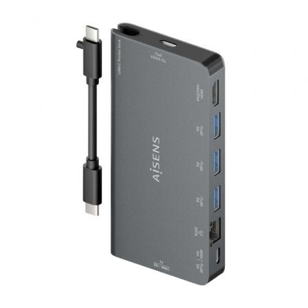 Docking USB Tipo-C Aisens ASUC-8P015-GR/ 1xHDMI 4K/ 3xUSB/ 1xRJ45/ 1xLector Tarjetas / 1xUSB Tipo-C/ Gris
