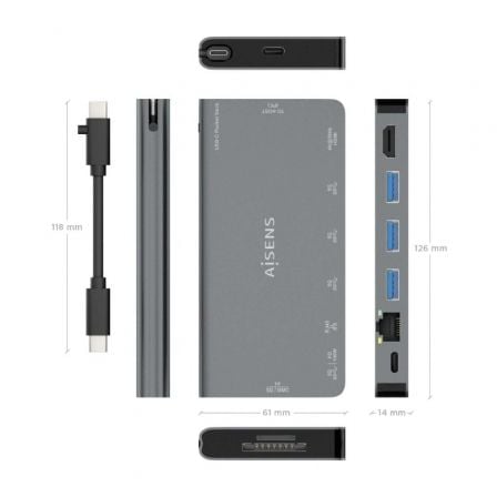 Docking USB Tipo-C Aisens ASUC-8P015-GR/ 1xHDMI 4K/ 3xUSB/ 1xRJ45/ 1xLector Tarjetas / 1xUSB Tipo-C/ Gris