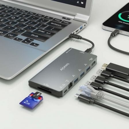 Docking USB Tipo-C Aisens ASUC-8P015-GR/ 1xHDMI 4K/ 3xUSB/ 1xRJ45/ 1xLector Tarjetas / 1xUSB Tipo-C/ Gris