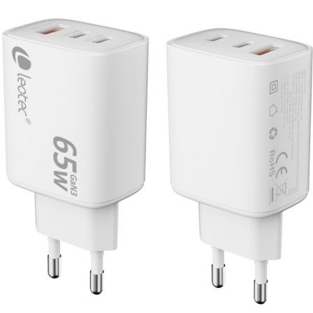 Cargador de Pared GaN Leotec LECSPH65W3W2/ 2xUSB Tipo-C/ 1xUSB/ 65W