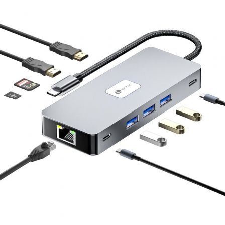 Docking usb tipo-c leotec leds02/ 3xusb/ 1xusb tipo-c/ 1xusb tipo-c pd/ 2xhdmi 4k/ 1xrj45/ 1xlector tarjetas sd y microsd/ gris