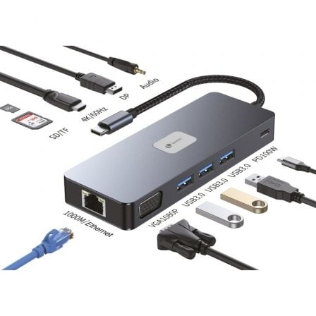 Docking USB Tipo-C Leotec LEDS03/ 3xUSB/ 1xUSB Tipo-C PD/ 1xHDMI 4K/ 1xDisplayPort/ 1xVGA/ 1xAudio/ 1xRJ45/ 1xLector Tarjetas SD y MicroSD/ Gris