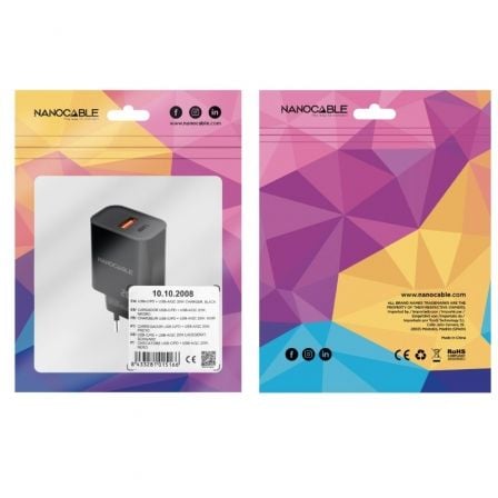 Cargador de pared nanocable 10.10.2008/ 1xusb/ 1xusb tipo-c/ 20w/ negro